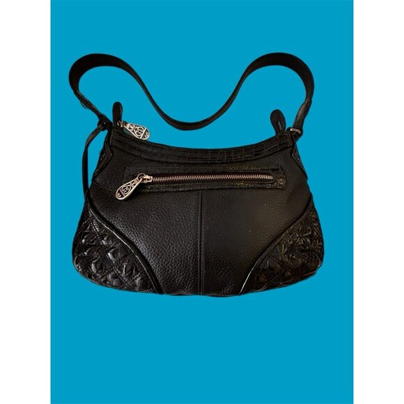 Vintg.Brighton Medium Woven Front Croc Trim Leather Black Shoulder Bag w/Dustbag - Picture 1 of 9